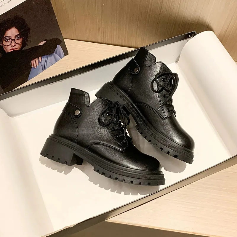 Genuine Leather Brown Small Martin Boots Women 2024 Autumn and Winter British Style Thick Bottom Fleece-lined Ankle Boots Short Tube Beige Boots