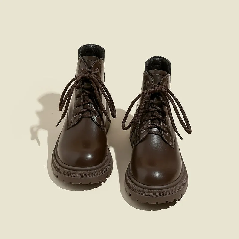 Genuine Leather Brown Small Martin Boots Women 2024 Autumn and Winter British Style Thick Bottom Fleece-lined Ankle Boots Short Tube Beige Boots