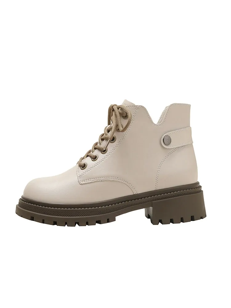 Genuine Leather Brown Small Martin Boots Women 2024 Autumn and Winter British Style Thick Bottom Fleece-lined Ankle Boots Short Tube Beige Boots