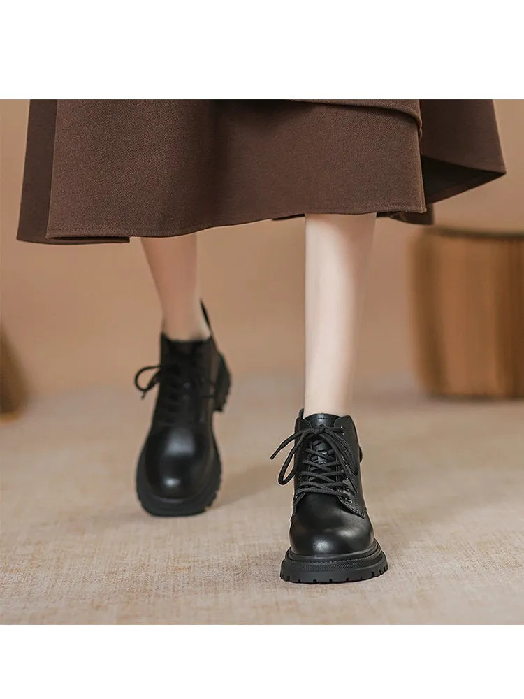 Genuine Leather Brown Small Martin Boots Women 2024 Autumn and Winter British Style Thick Bottom Fleece-lined Ankle Boots Short Tube Beige Boots