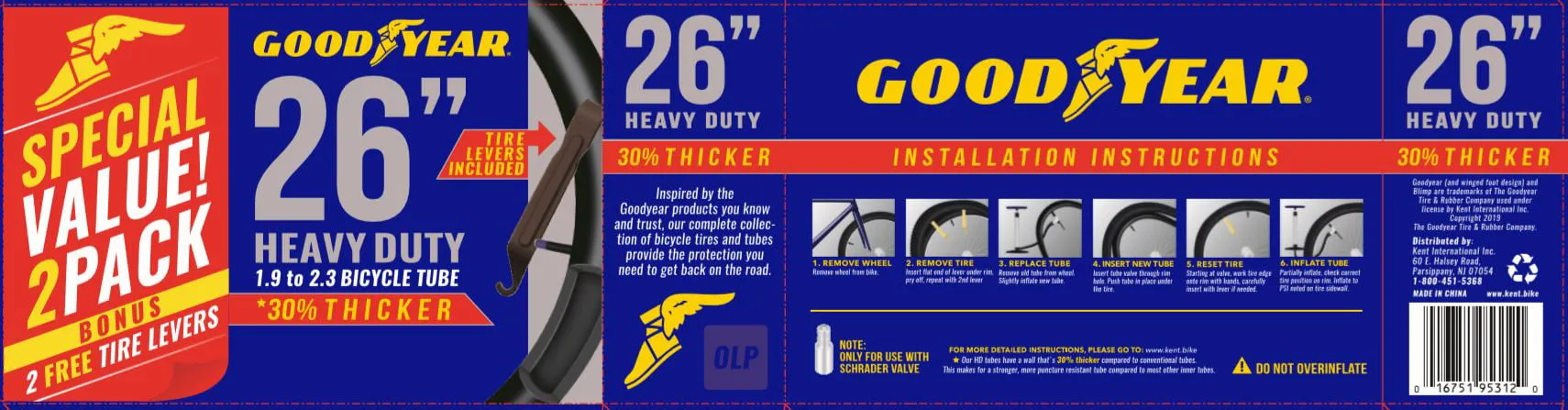 Goodyear Bicycle Tubes 26" x 1.9"-2.3" Heavy Duty Bike Tube, 2 Pack with levers