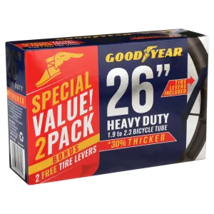 Goodyear Bicycle Tubes 26" x 1.9"-2.3" Heavy Duty Bike Tube, 2 Pack with levers