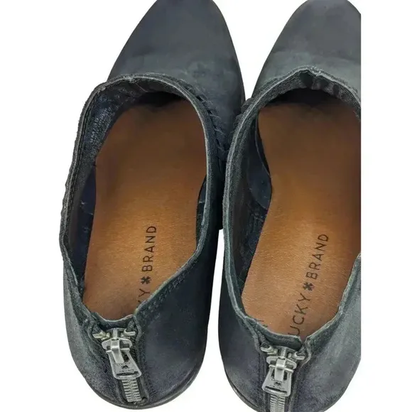 Lucky Brand Fawn Women Black Suede Ankle Boots Size 9M Wood Heel Zip Back