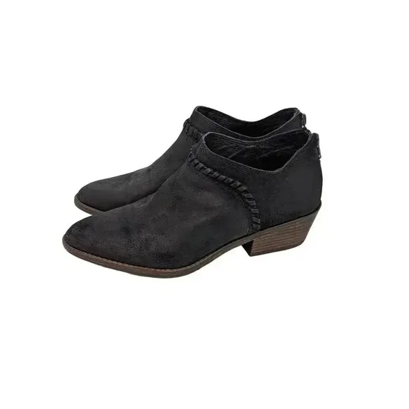 Lucky Brand Fawn Women Black Suede Ankle Boots Size 9M Wood Heel Zip Back