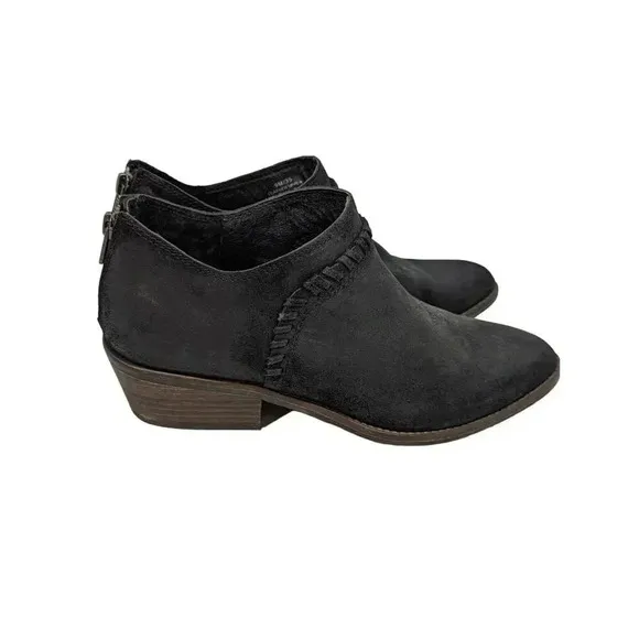Lucky Brand Fawn Women Black Suede Ankle Boots Size 9M Wood Heel Zip Back
