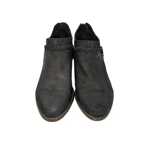 Lucky Brand Fawn Women Black Suede Ankle Boots Size 9M Wood Heel Zip Back