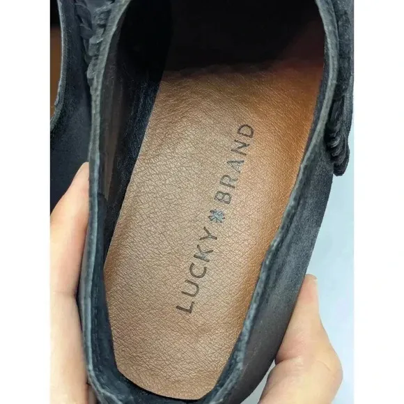Lucky Brand Fawn Women Black Suede Ankle Boots Size 9M Wood Heel Zip Back