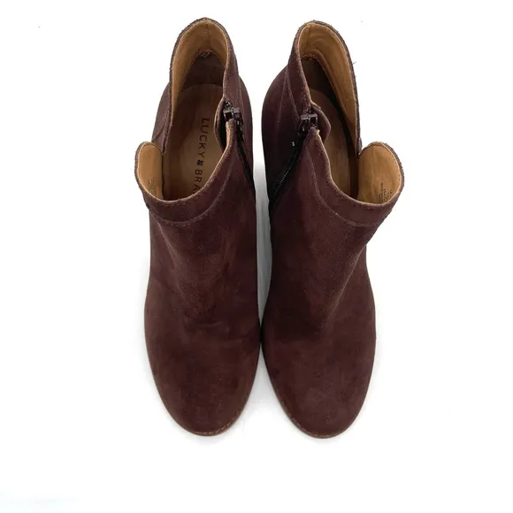 Lucky Brand Yimina Brown Suede Leather Ankle Boots Booties Zip Up Wedge Sz 10