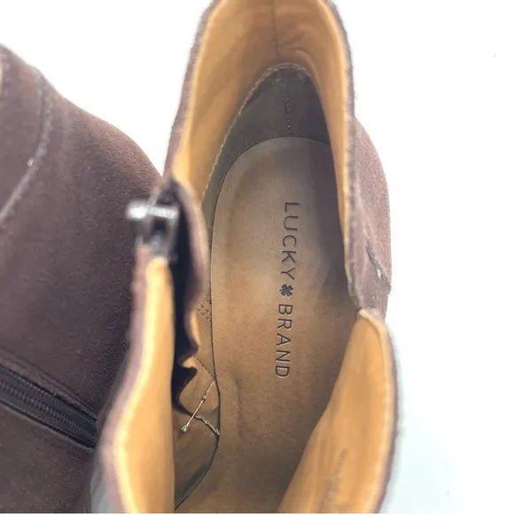Lucky Brand Yimina Brown Suede Leather Ankle Boots Booties Zip Up Wedge Sz 10