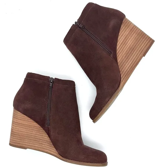 Lucky Brand Yimina Brown Suede Leather Ankle Boots Booties Zip Up Wedge Sz 10