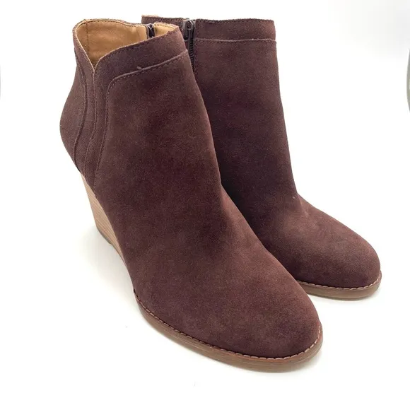 Lucky Brand Yimina Brown Suede Leather Ankle Boots Booties Zip Up Wedge Sz 10