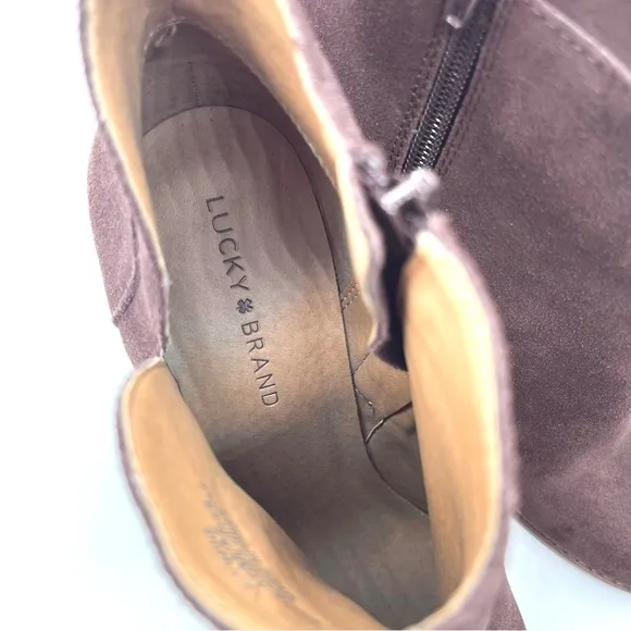 Lucky Brand Yimina Brown Suede Leather Ankle Boots Booties Zip Up Wedge Sz 10