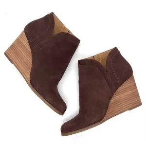 Lucky Brand Yimina Brown Suede Leather Ankle Boots Booties Zip Up Wedge Sz 10