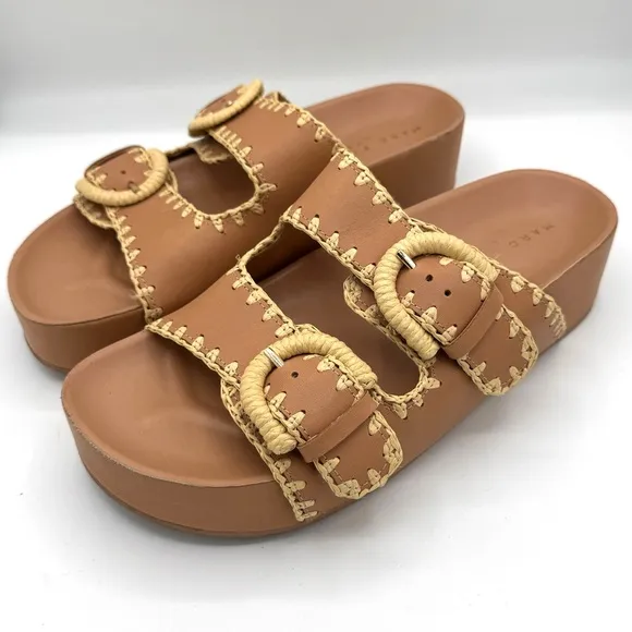 MARC FISHER LTD Solea 2 Strap Slip On Sandal Crochet Stitch Trim Buckles Size 8