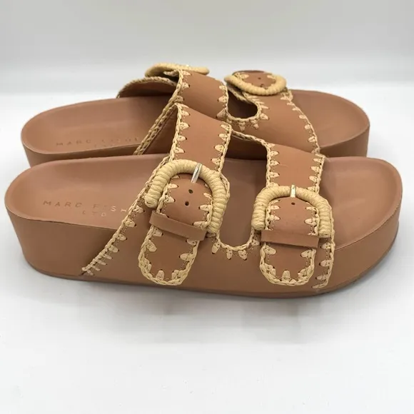 MARC FISHER LTD Solea 2 Strap Slip On Sandal Crochet Stitch Trim Buckles Size 8