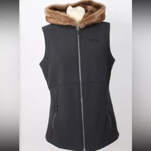 Marmot small / woman’s Black Zip Softshell Fleece-Lined Vest Faux Fur Trim Hood