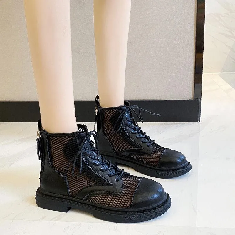Martin Boots Female Summer Breathable Thin Section Wild Hollow Short Boots Back Zipper Short Tube Thin Short Boots Mesh Hollow Boots