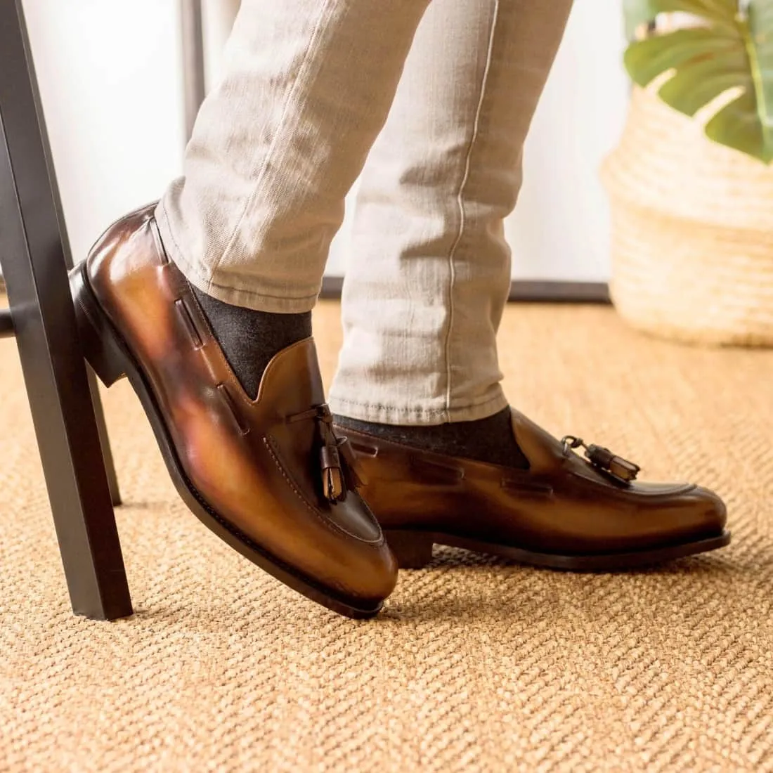 Mocassin à glands en cuir patiné marron clair