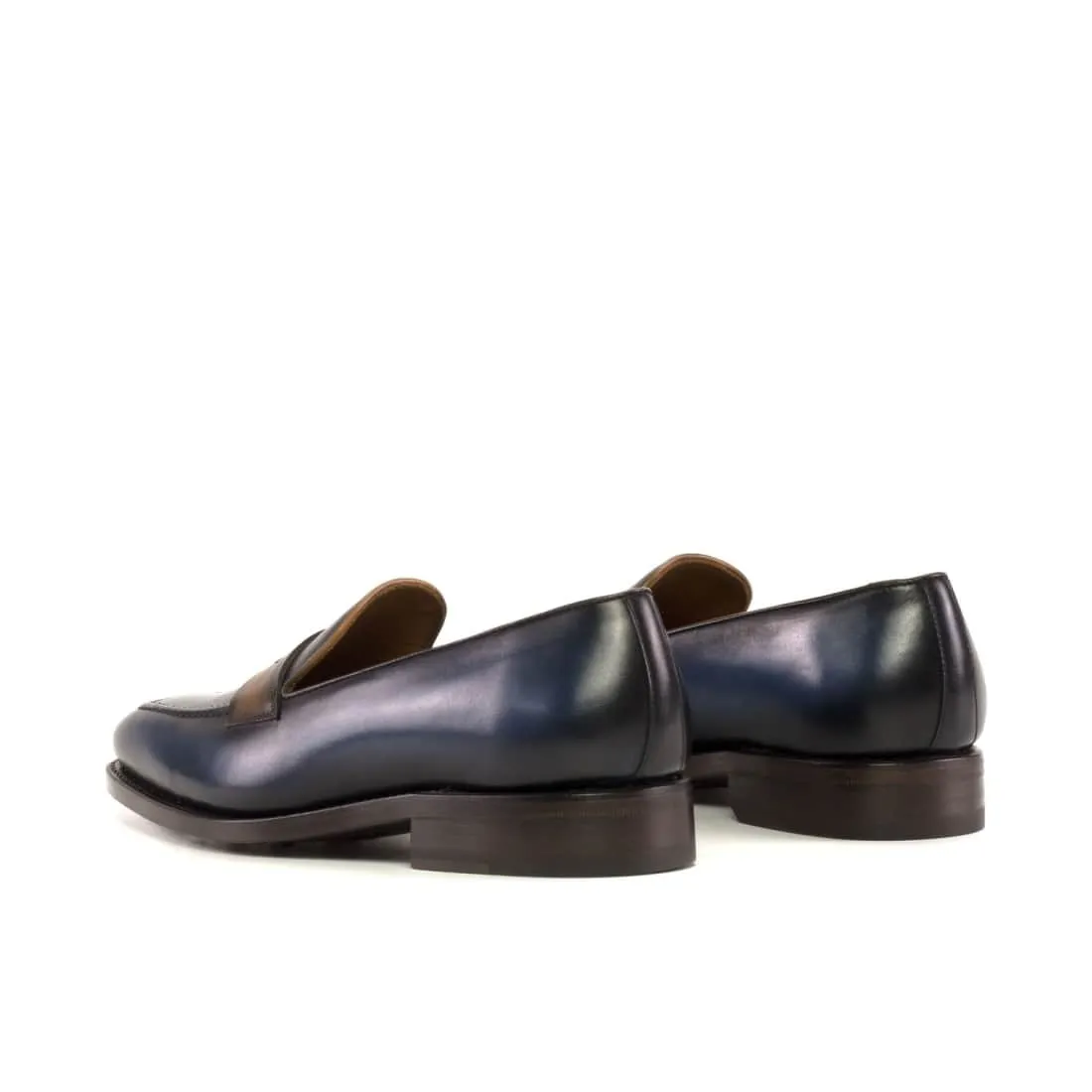 Mocassins Penny à bandeau en cuir patiné bleu marine et cognac