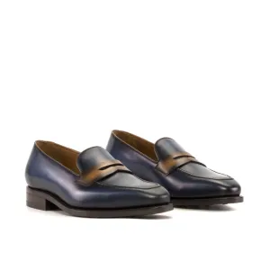 Mocassins Penny à bandeau en cuir patiné bleu marine et cognac