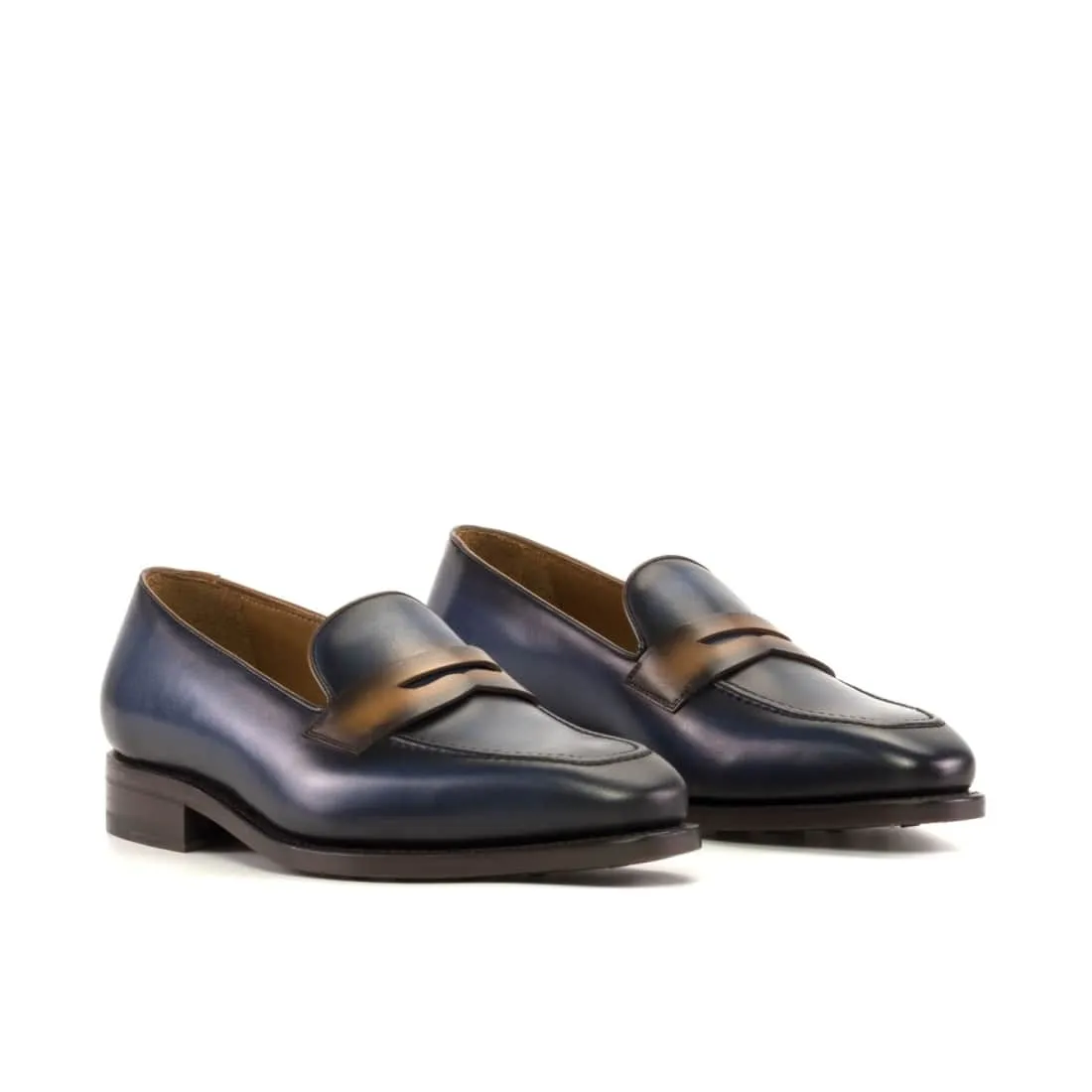 Mocassins Penny à bandeau en cuir patiné bleu marine et cognac