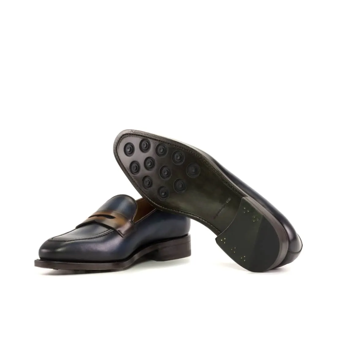 Mocassins Penny à bandeau en cuir patiné bleu marine et cognac