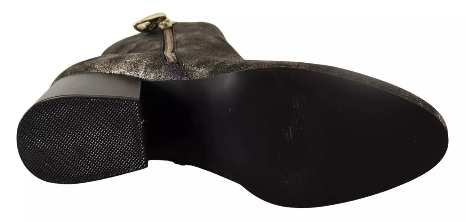 MY TWIN Black Leather Block Heels Ankle Boots Zipper Shoes