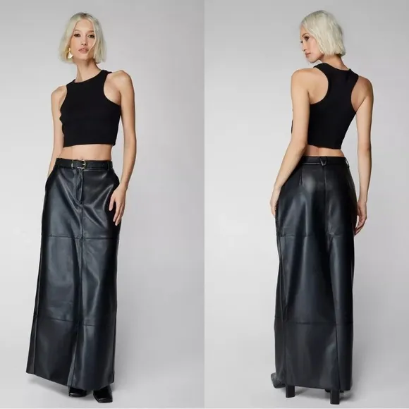 Nasty Gal Faux Leather Bonded Tailored Mid Rise Maxi Skirt in Black Size 2 NEW
