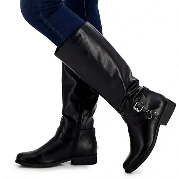 New w/Box Style &amp; Co Marliee Faux Leather Black Mid-High Riding Boots Size 6