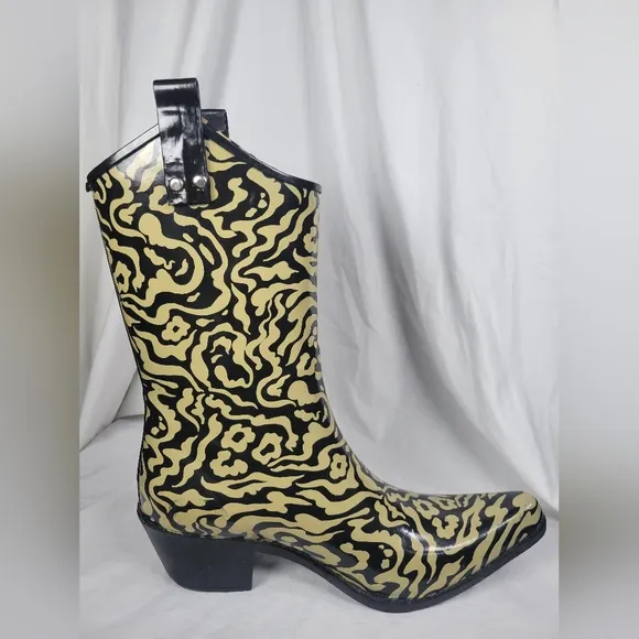 Nomad Women's Yippy High Heel Cowboy Boots Black Tan Abstract Floral Pattern 10