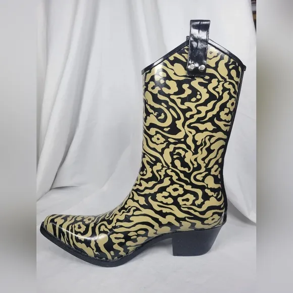 Nomad Women's Yippy High Heel Cowboy Boots Black Tan Abstract Floral Pattern 10