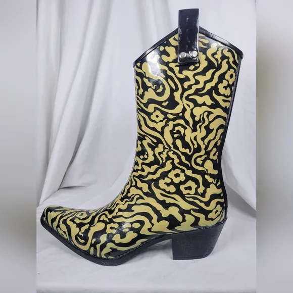 Nomad Women's Yippy High Heel Cowboy Boots Black Tan Abstract Floral Pattern 10