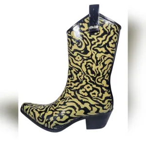 Nomad Women's Yippy High Heel Cowboy Boots Black Tan Abstract Floral Pattern 10