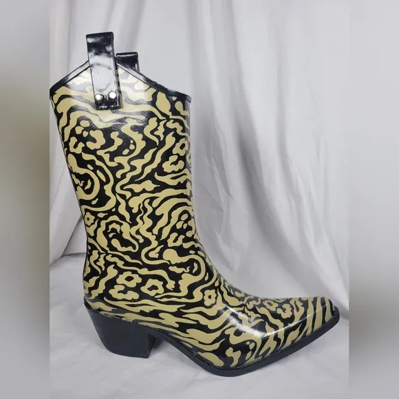 Nomad Women's Yippy High Heel Cowboy Boots Black Tan Abstract Floral Pattern 10