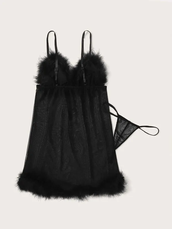 Onyx Faux Fur Mesh Slip With Thong