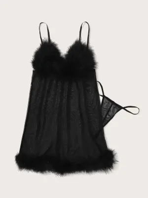 Onyx Faux Fur Mesh Slip With Thong