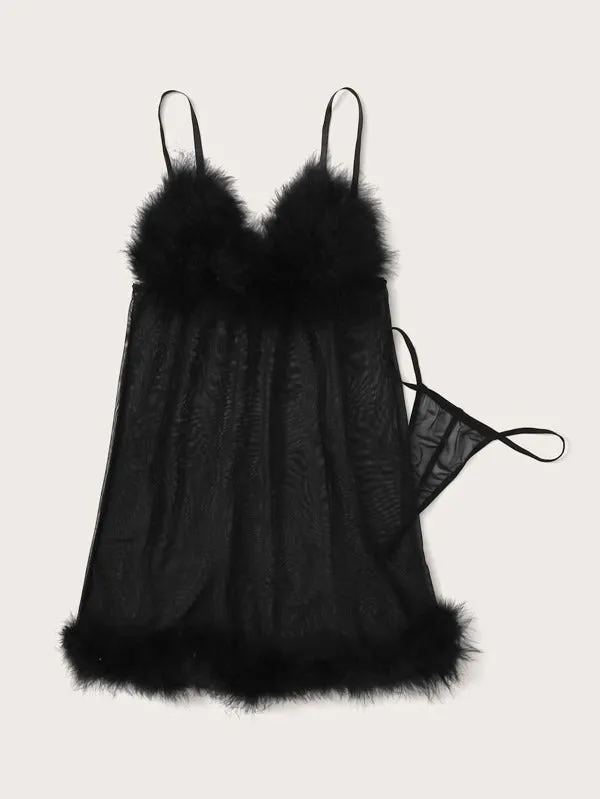 Onyx Faux Fur Mesh Slip With Thong