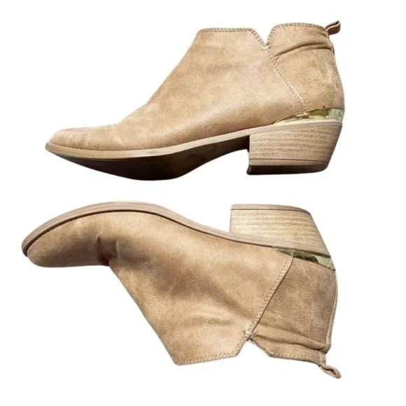 Qupid Women's Suede Chestnut Brown Beige Gold Accent Zip Up Ankle Boot Booties