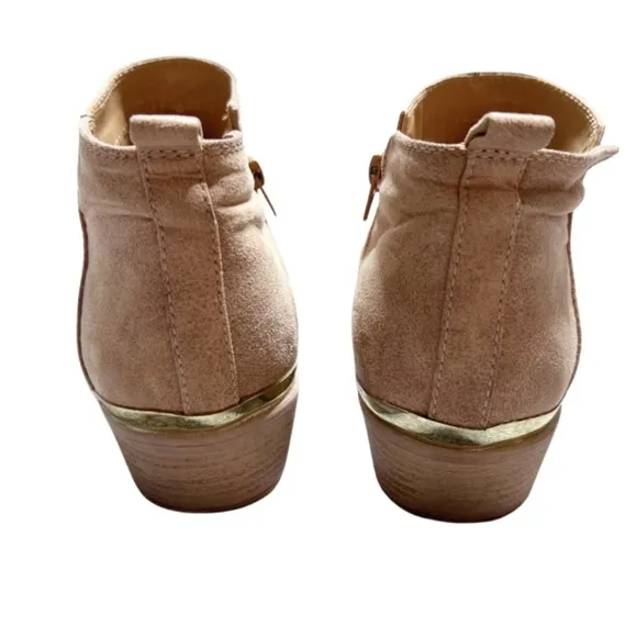 Qupid Women's Suede Chestnut Brown Beige Gold Accent Zip Up Ankle Boot Booties