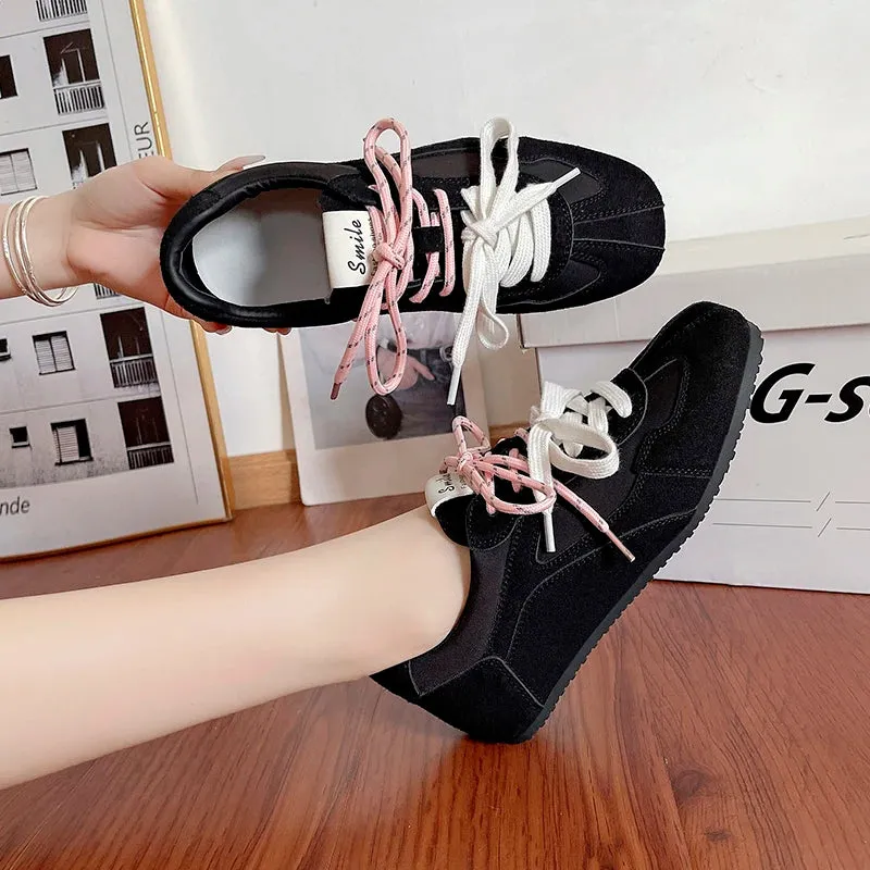Retro Lacing Breathable Women's Thick Bottom Pleated Casual Sneakers White Shoes