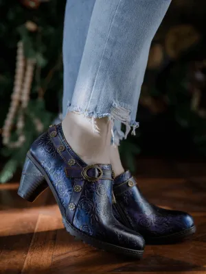 Rose Embossed Floral Relief Purple Leather Ankle Boot