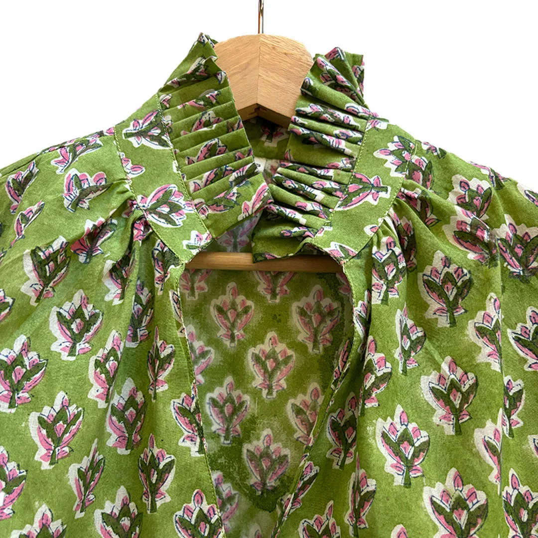 Ruffle Collar Top - Green and Pink