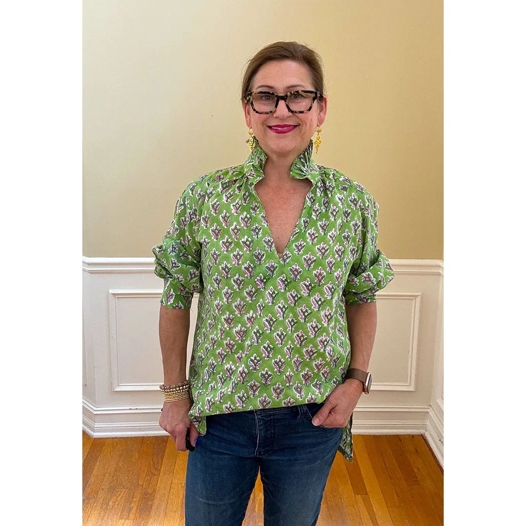 Ruffle Collar Top - Green and Pink