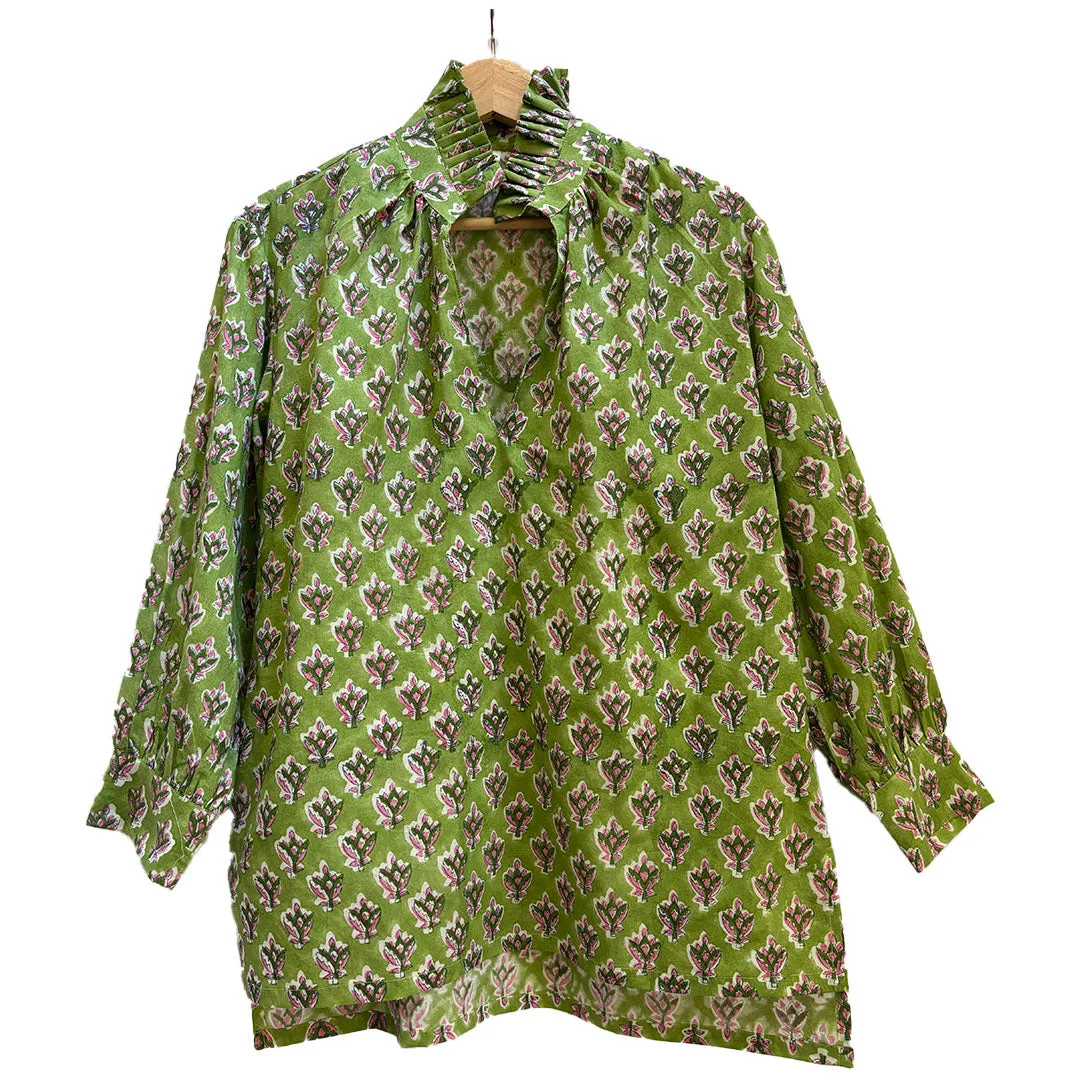Ruffle Collar Top - Green and Pink