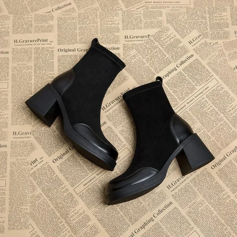 Short Shoes for Woman Black Women's Ankle Boots Sock Footwear Combat Booties Very High Heels Suede Punk Style Heeled Autumn Boot