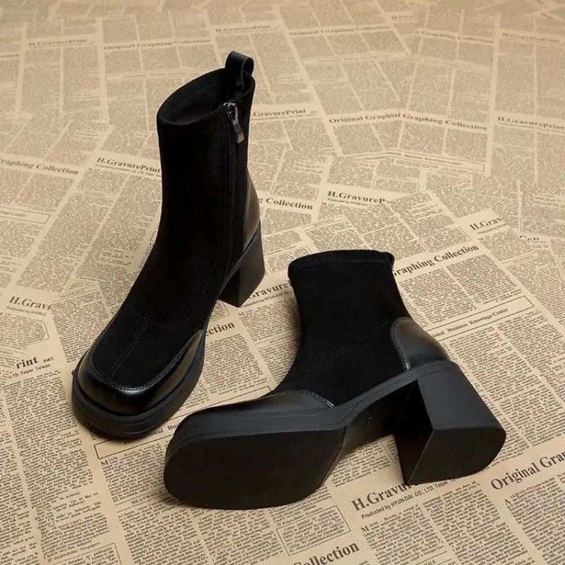 Short Shoes for Woman Black Women's Ankle Boots Sock Footwear Combat Booties Very High Heels Suede Punk Style Heeled Autumn Boot