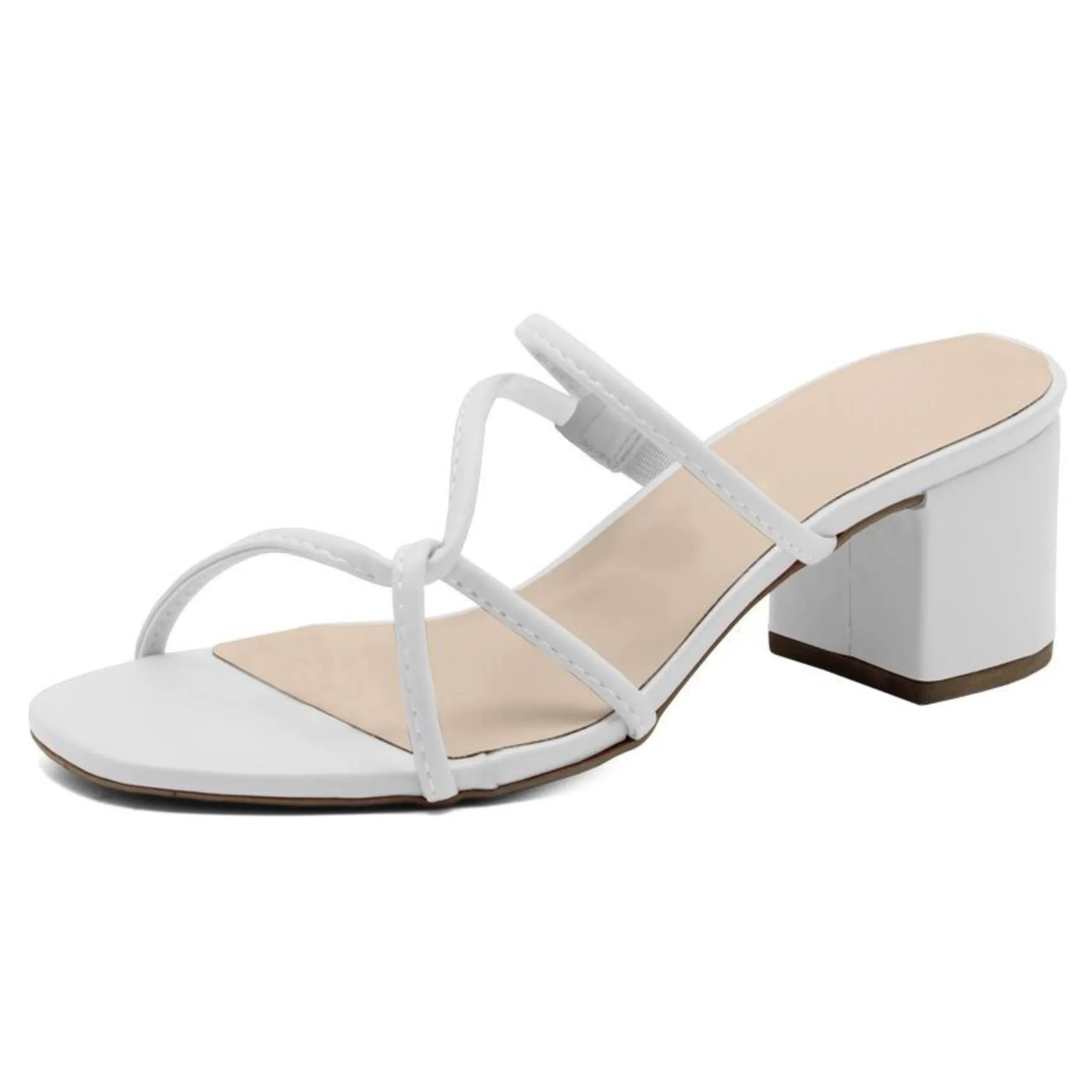 Slip On White Strappy Block Heel