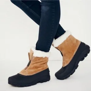 Sorel Women's Snow Angel Leather Black Fur Lined Zipper Ankle Tan Boots Size 7.5