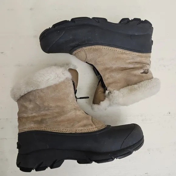 Sorel Women's Snow Angel Leather Black Fur Lined Zipper Ankle Tan Boots Size 7.5