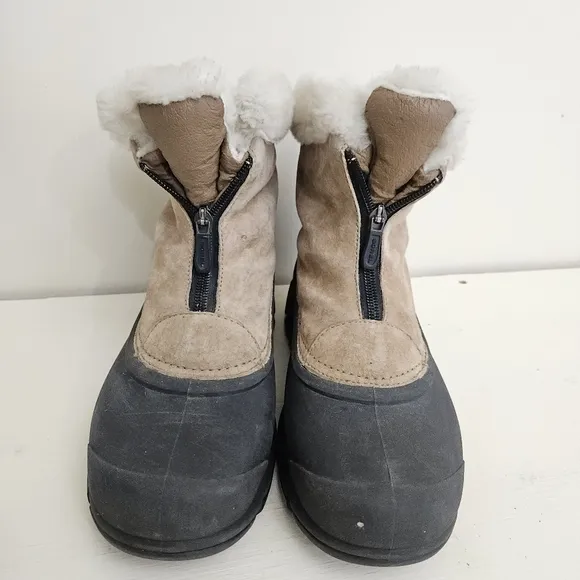 Sorel Women's Snow Angel Leather Black Fur Lined Zipper Ankle Tan Boots Size 7.5